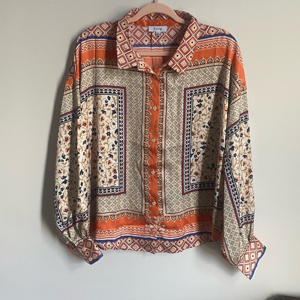 Orange Scarf Button Down Blouse - image 1